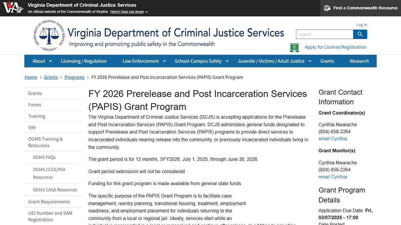 FY 2026 Prerelease and Post Incarceration Services (PAPIS) Grant Program | Virginia Department of Criminal Justice Services